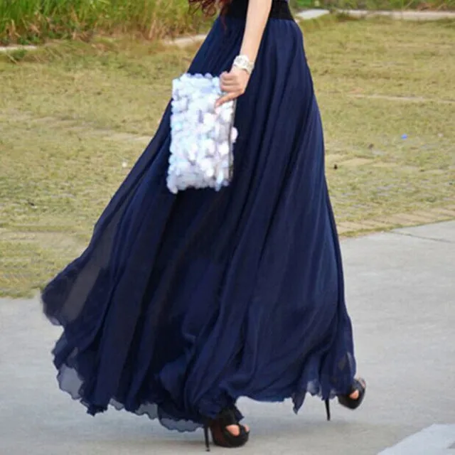 2018 High Waist Women Chiffon Skirt Long Womens Beach Summer Boho Maxi Skirt Saia Longa Faldas Ruffles Hem Long Skirt Brand