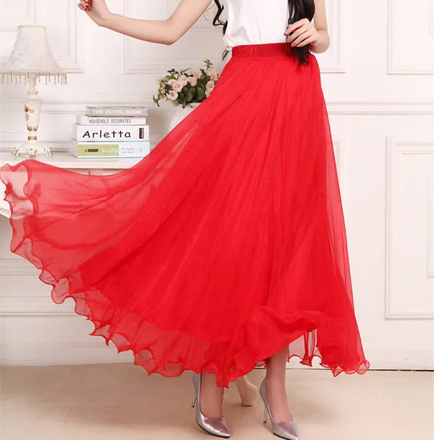 2018 High Waist Women Chiffon Skirt Long Womens Beach Summer Boho Maxi Skirt Saia Longa Faldas Ruffles Hem Long Skirt Brand
