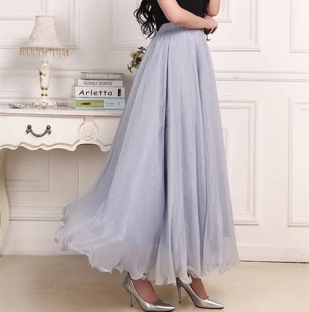 2018 High Waist Women Chiffon Skirt Long Womens Beach Summer Boho Maxi Skirt Saia Longa Faldas Ruffles Hem Long Skirt Brand