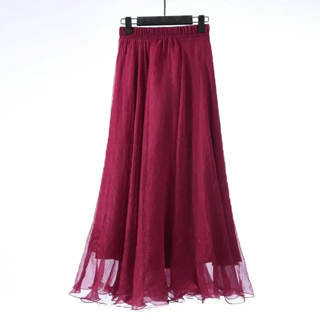 2018 High Waist Women Chiffon Skirt Long Womens Beach Summer Boho Maxi Skirt Saia Longa Faldas Ruffles Hem Long Skirt Brand