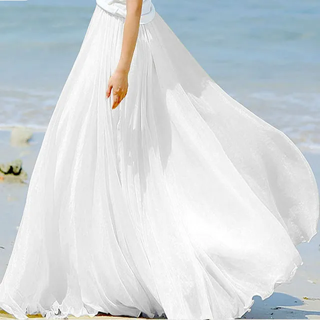 2018 High Waist Women Chiffon Skirt Long Womens Beach Summer Boho Maxi Skirt Saia Longa Faldas Ruffles Hem Long Skirt Brand