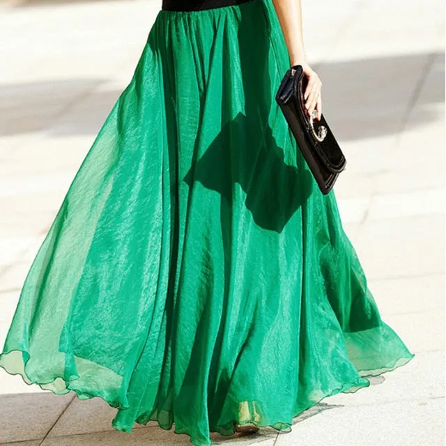 2018 High Waist Women Chiffon Skirt Long Womens Beach Summer Boho Maxi Skirt Saia Longa Faldas Ruffles Hem Long Skirt Brand