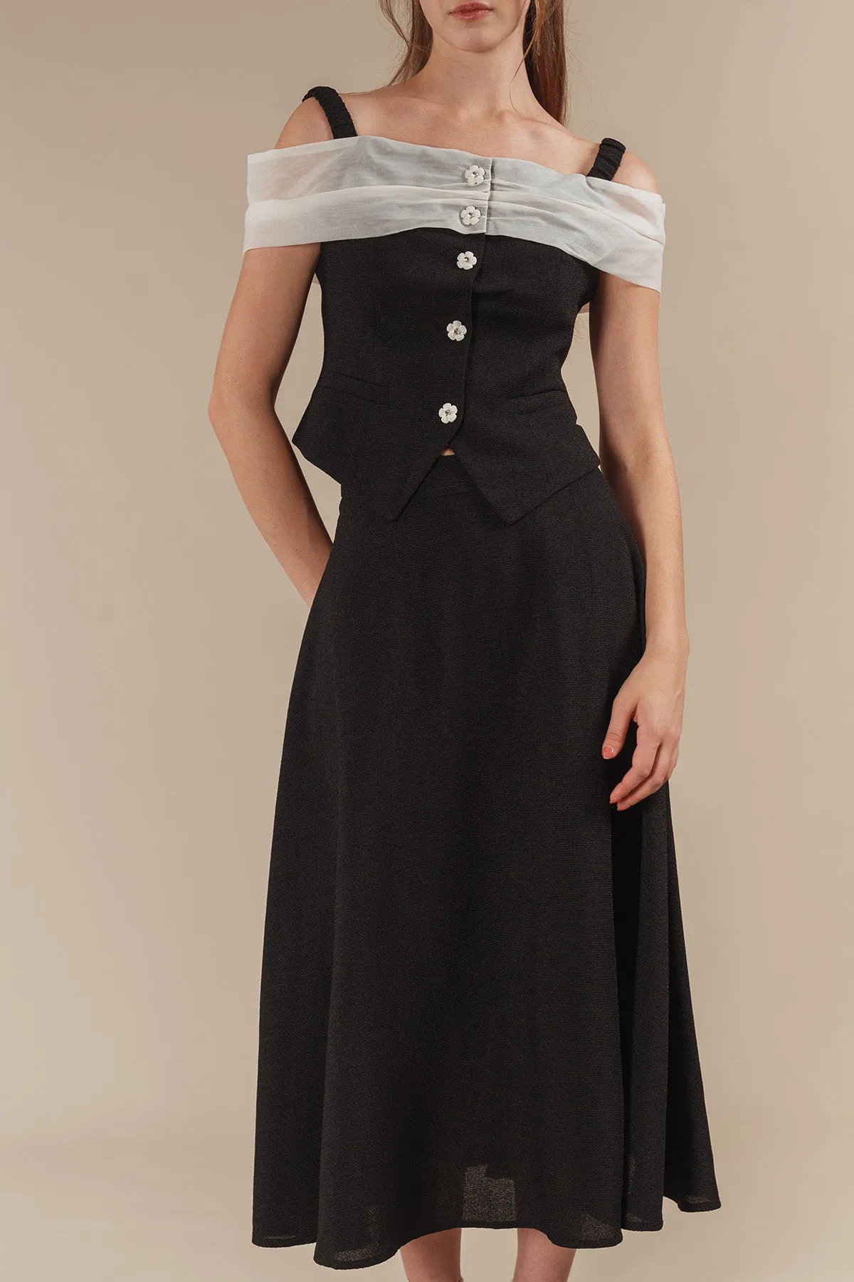 Avenie Tweed Cold Shoulder Top with Maxi Skirt Set