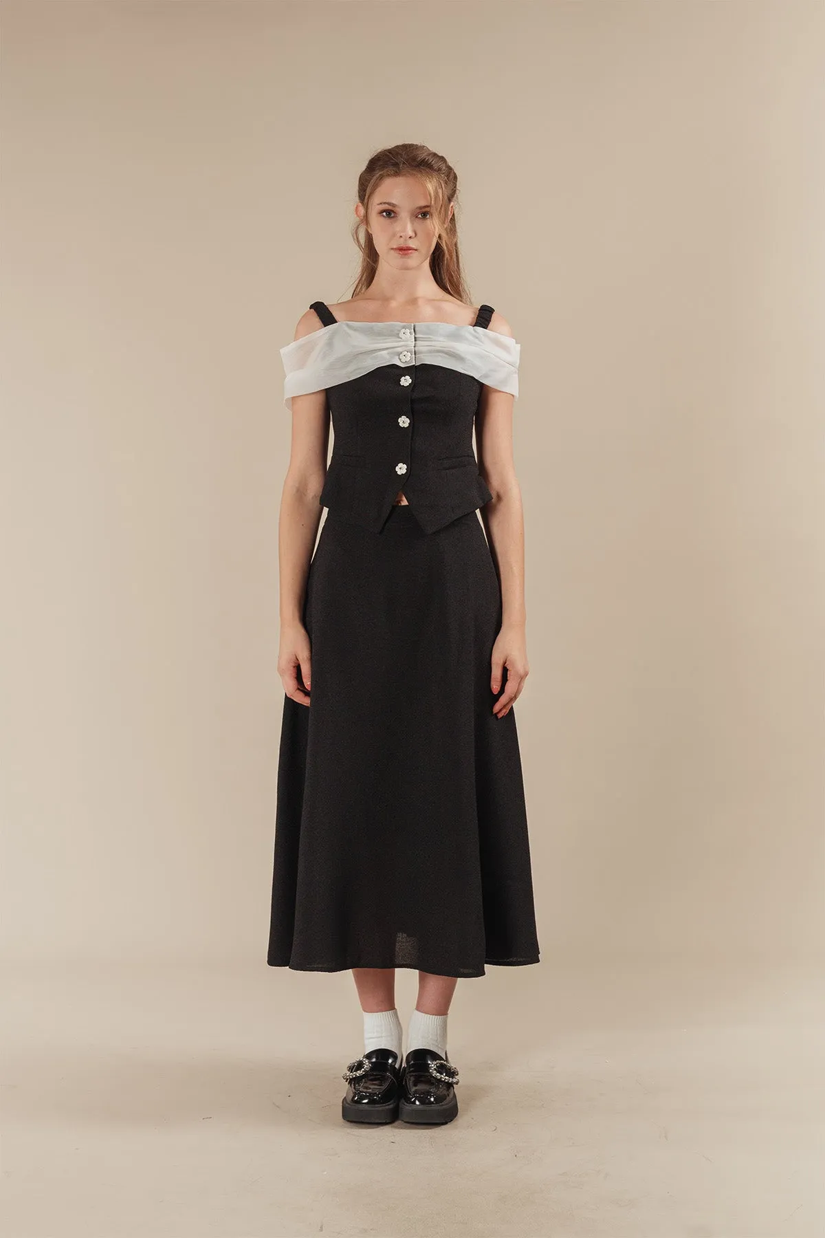 Avenie Tweed Cold Shoulder Top with Maxi Skirt Set
