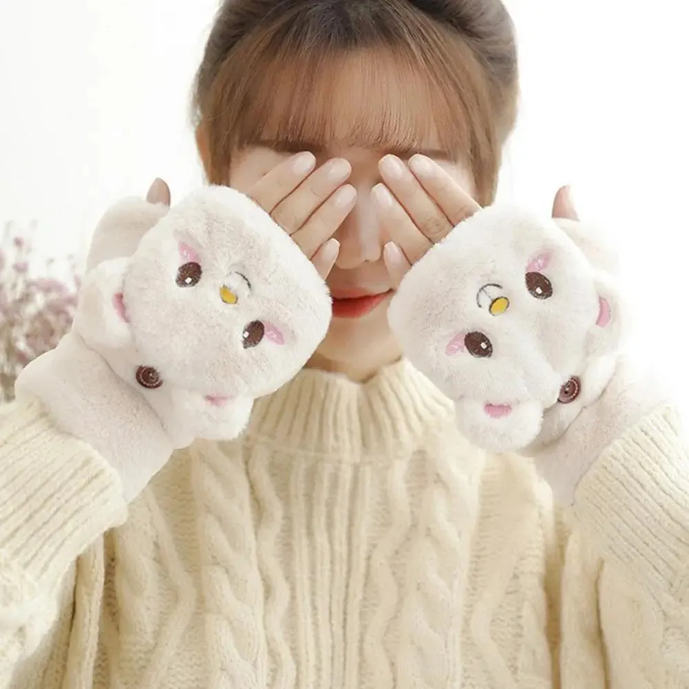 Bonnyshow New Cute Knit Mittens Plush Fingerless Gloves Flip Half Finger Driving Glove Winter Soft Warm Thick Gloves For Women Girl