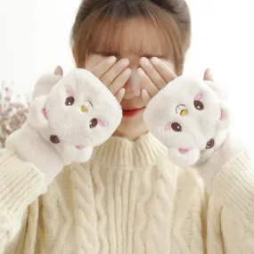 Bonnyshow New Cute Knit Mittens Plush Fingerless Gloves Flip Half Finger Driving Glove Winter Soft Warm Thick Gloves For Women Girl