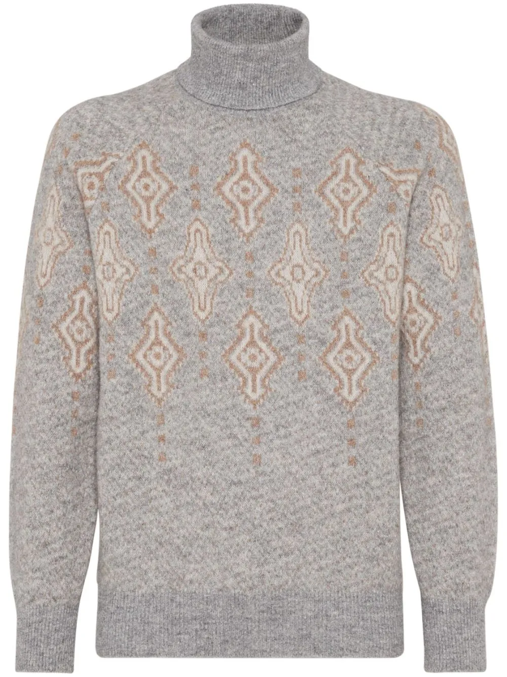 BRUNELLO CUCINELLI Heather Grey Multicolor Intarsia Wool Turtleneck Sweater