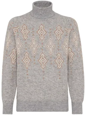 BRUNELLO CUCINELLI Heather Grey Multicolor Intarsia Wool Turtleneck Sweater