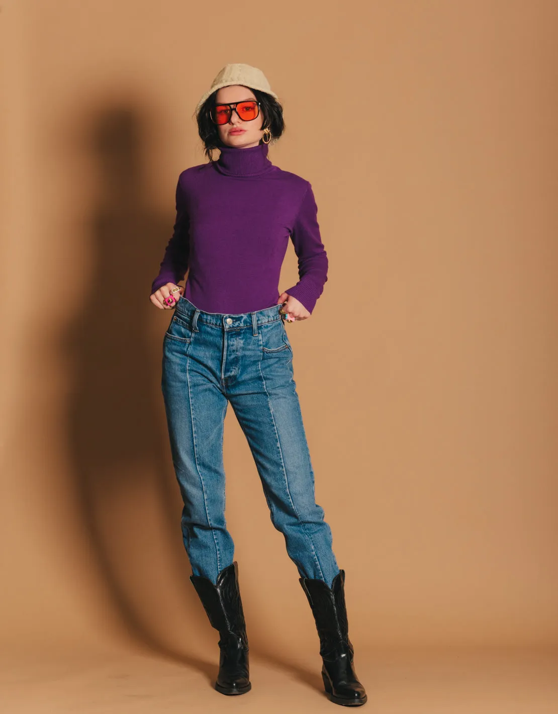 Elastic cashmere blend roll neck top