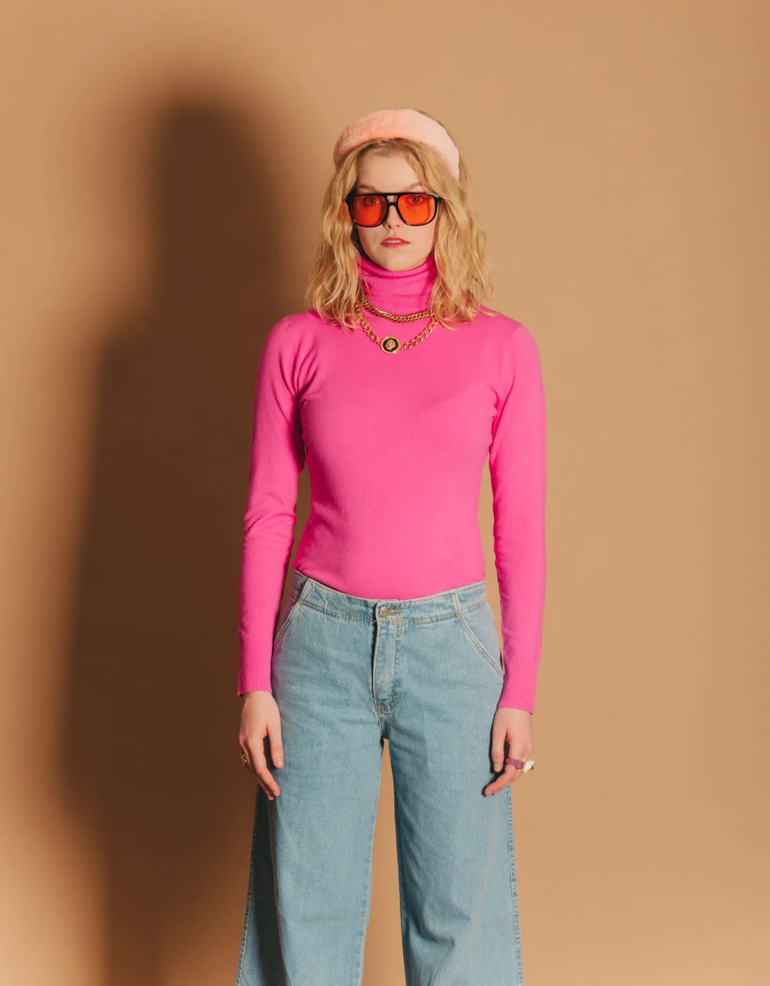 Elastic cashmere blend roll neck top