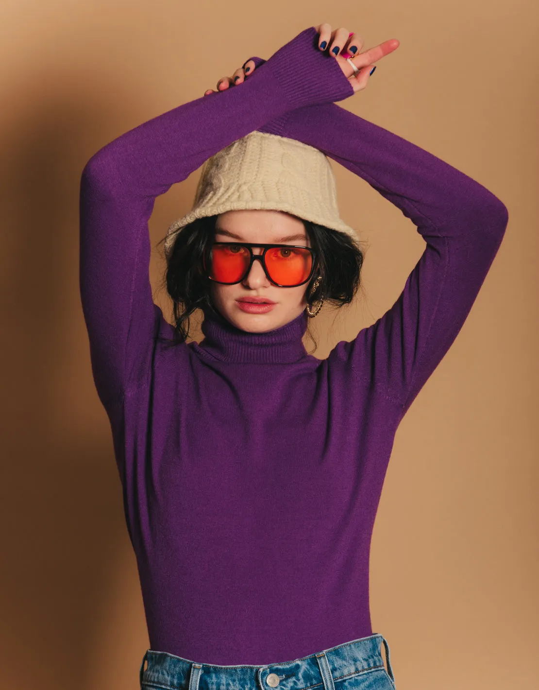 Elastic cashmere blend roll neck top