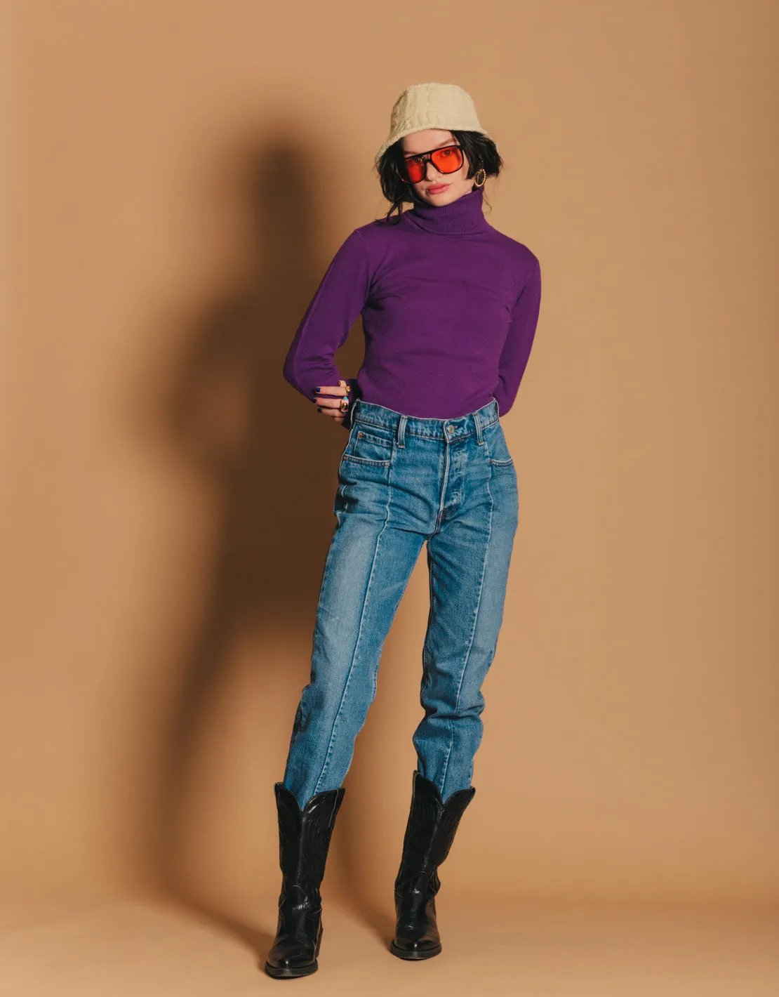 Elastic cashmere blend roll neck top