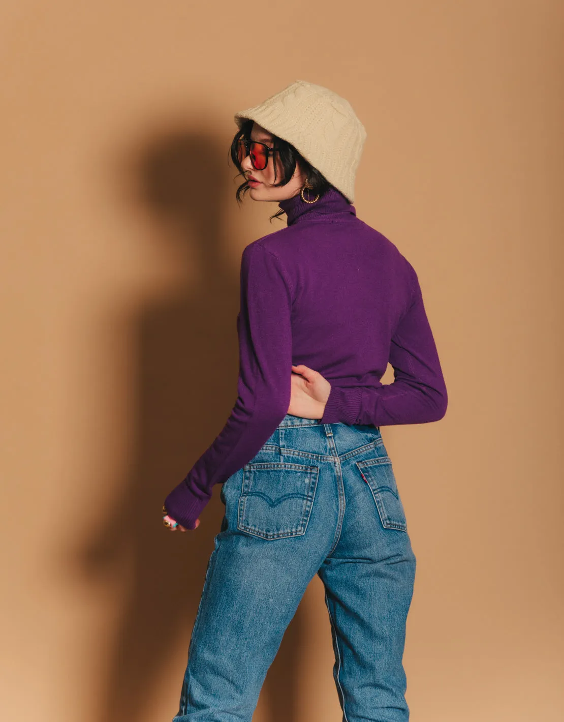 Elastic cashmere blend roll neck top