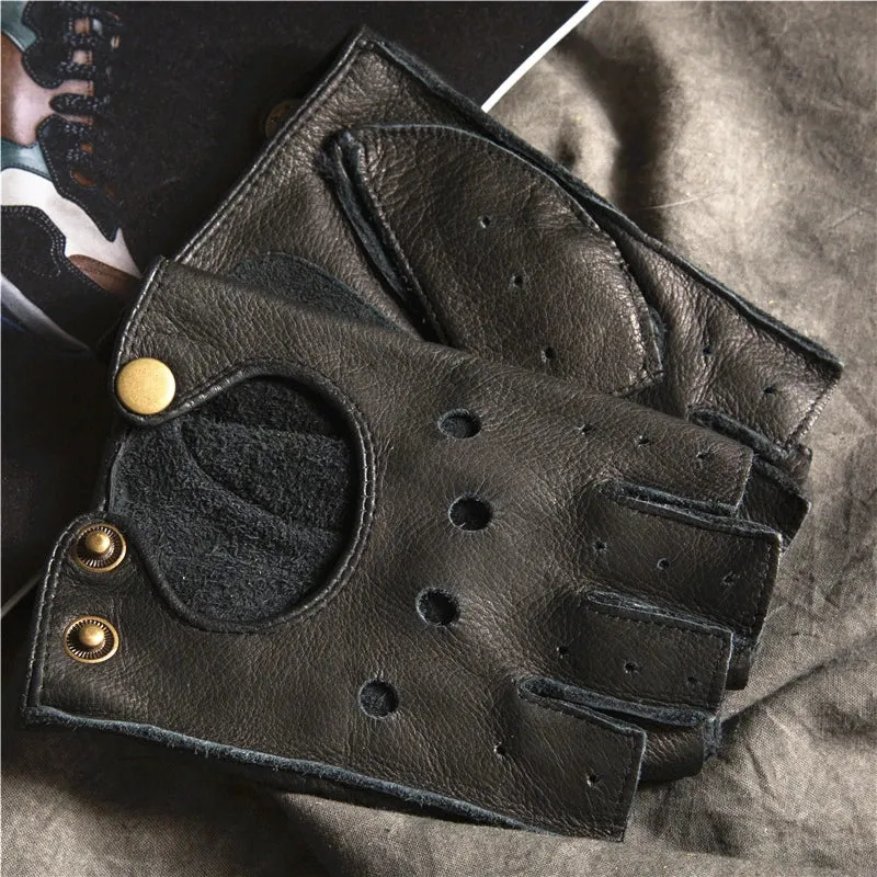 Gours Winter Real Leather Fingerless Gloves for Men Black Half-Finger Gym Workout Fitness Driving Genuine Cowhide Gloves GSM046