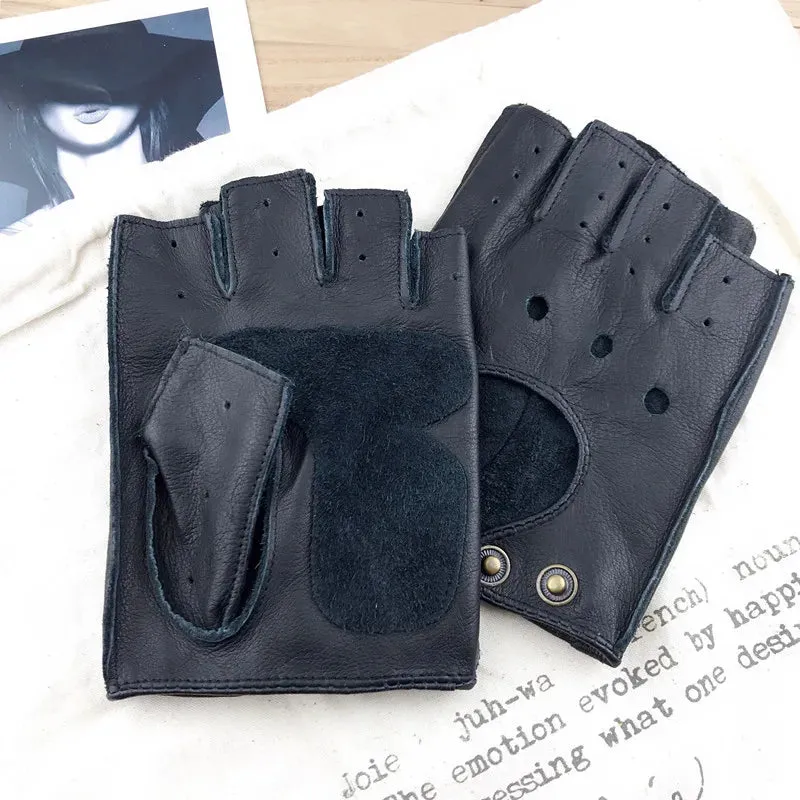 Gours Winter Real Leather Fingerless Gloves for Men Black Half-Finger Gym Workout Fitness Driving Genuine Cowhide Gloves GSM046