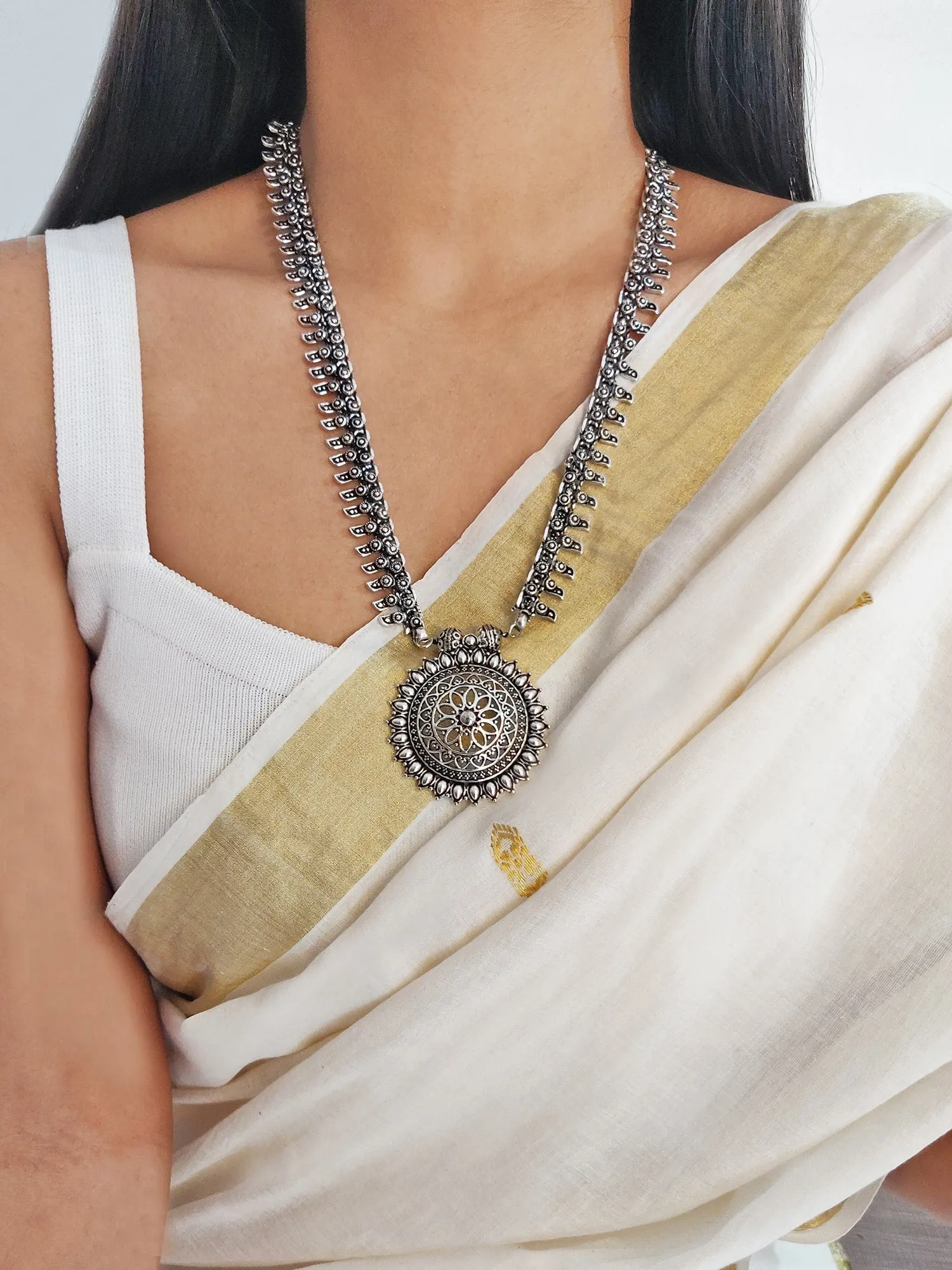Kalpi Silver Oxidized Long Necklace