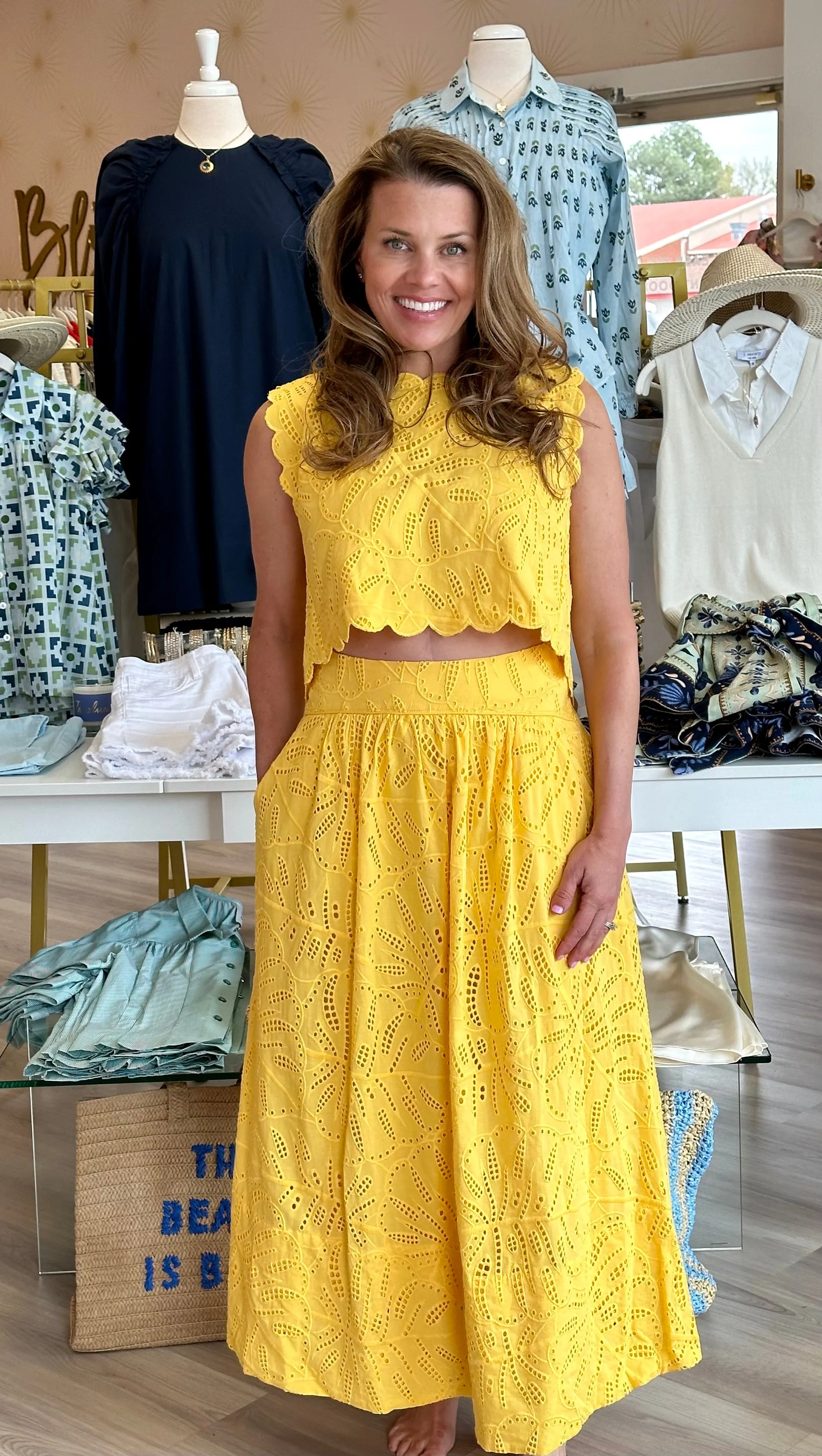 Monstera Eyelet Yellow Maxi Skirt
