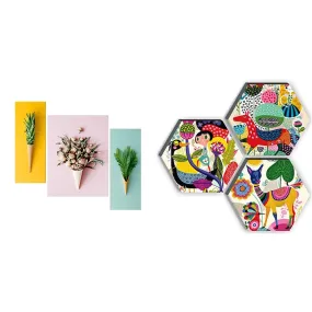 SAF Pretty Floral and Leaf in Cone Pot 3 Piece Painting (18 X 12") & SAF Set of 3 Hexagon Kid's Room Decor Modern Art 6MM MDF UV Textured Home Decorative Gift Item 21" x 21" Abstract Painting