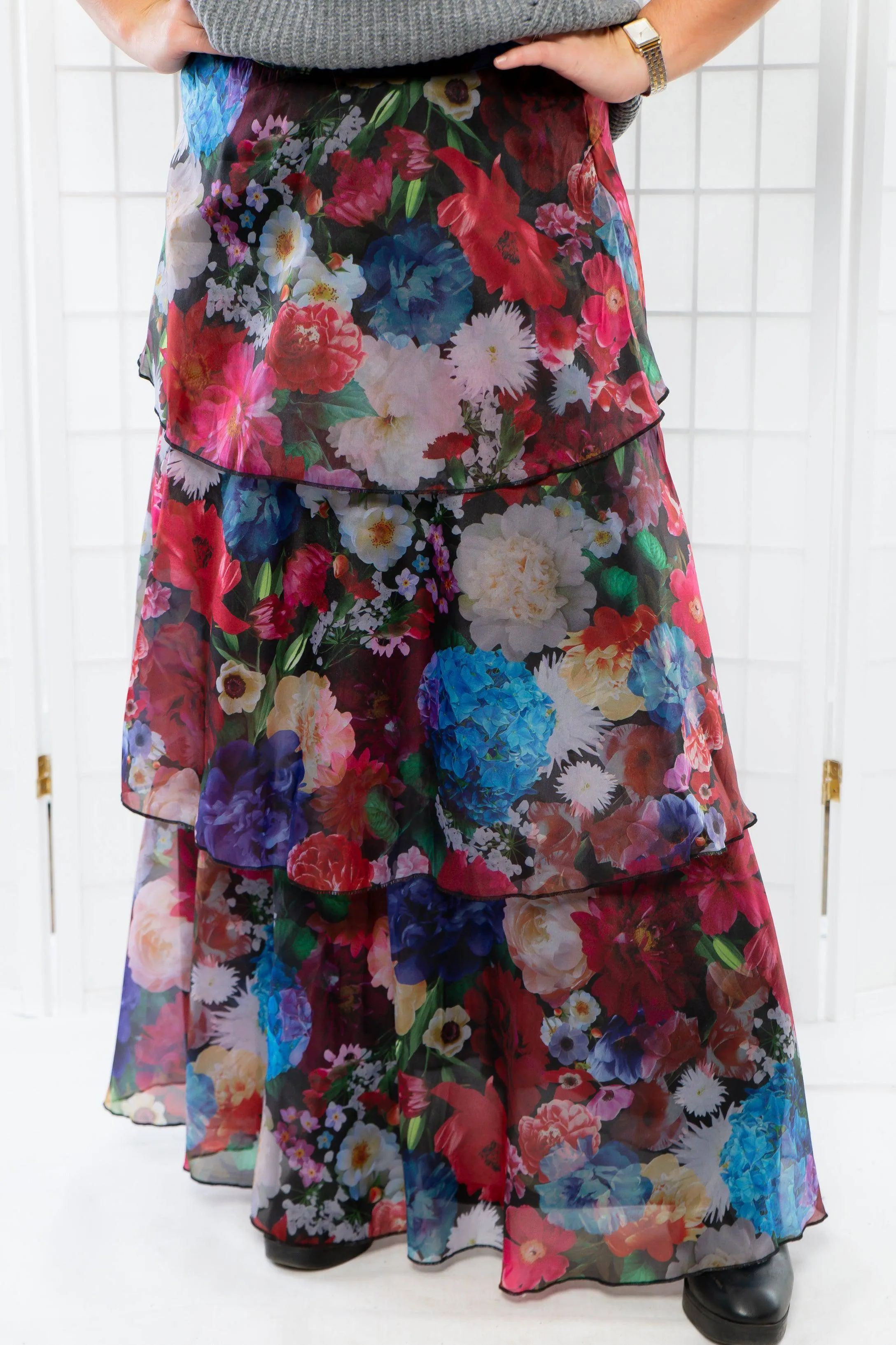 Sonora Deep Blue Floral Tiered Maxi Skirt