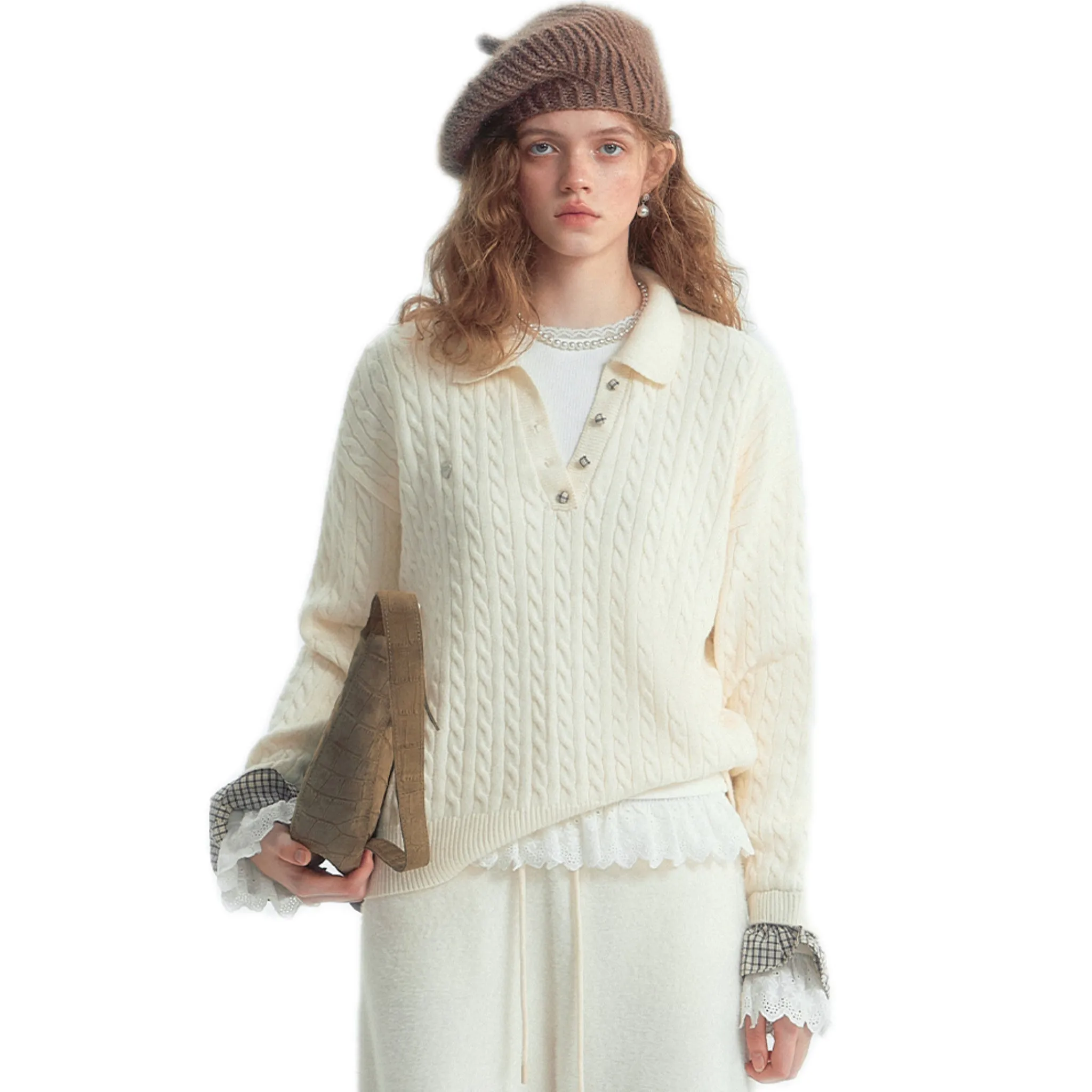 Twisted Polo Collar Checked Patchwork Sweater In White