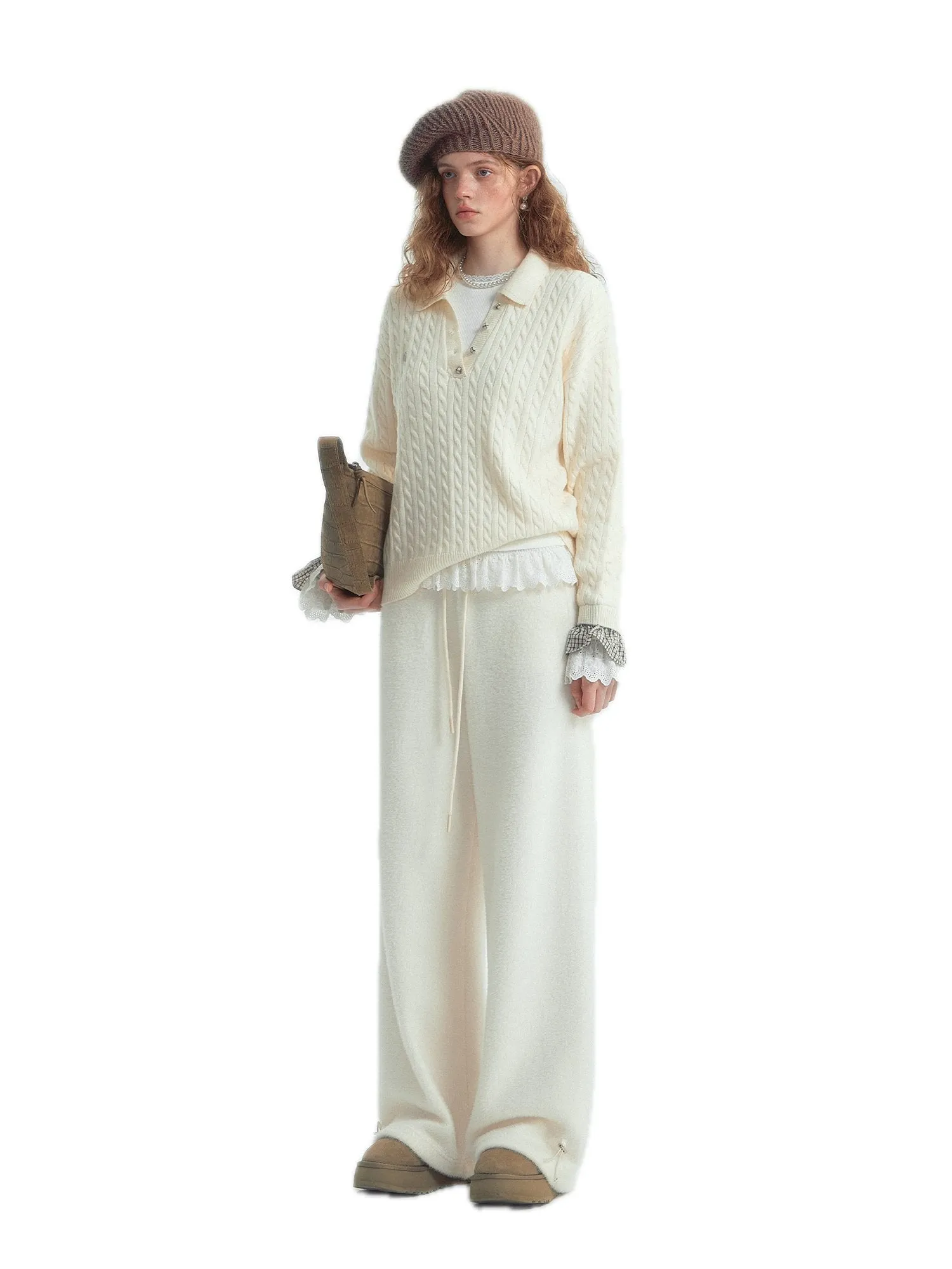 Twisted Polo Collar Checked Patchwork Sweater In White