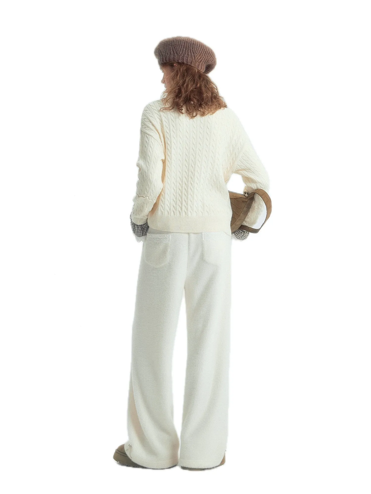 Twisted Polo Collar Checked Patchwork Sweater In White