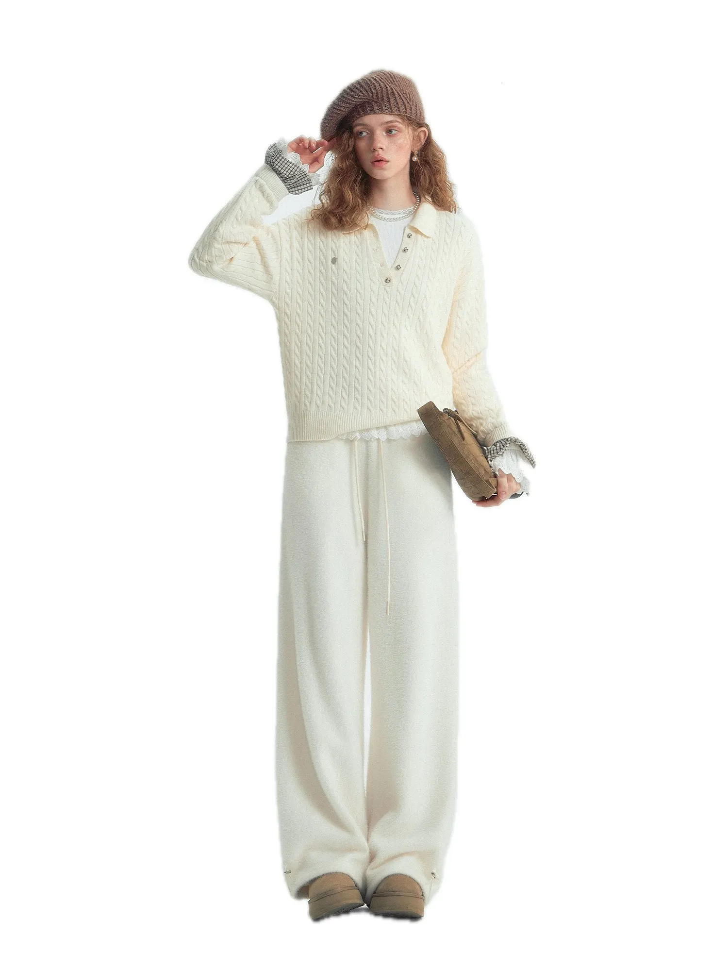 Twisted Polo Collar Checked Patchwork Sweater In White