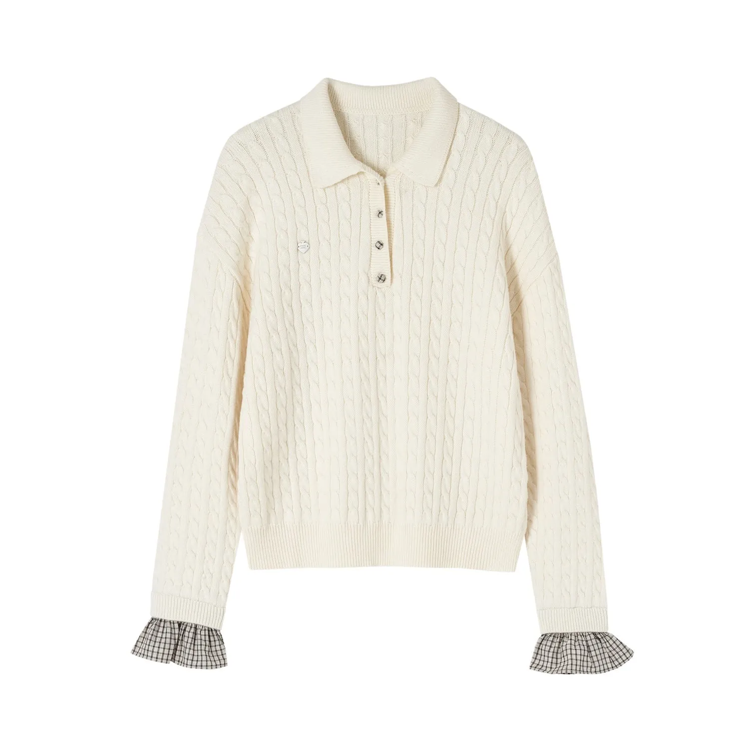 Twisted Polo Collar Checked Patchwork Sweater In White