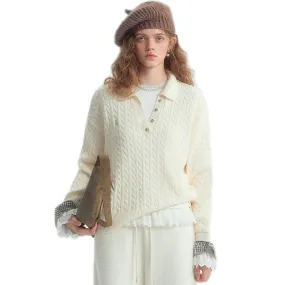 Twisted Polo Collar Checked Patchwork Sweater In White