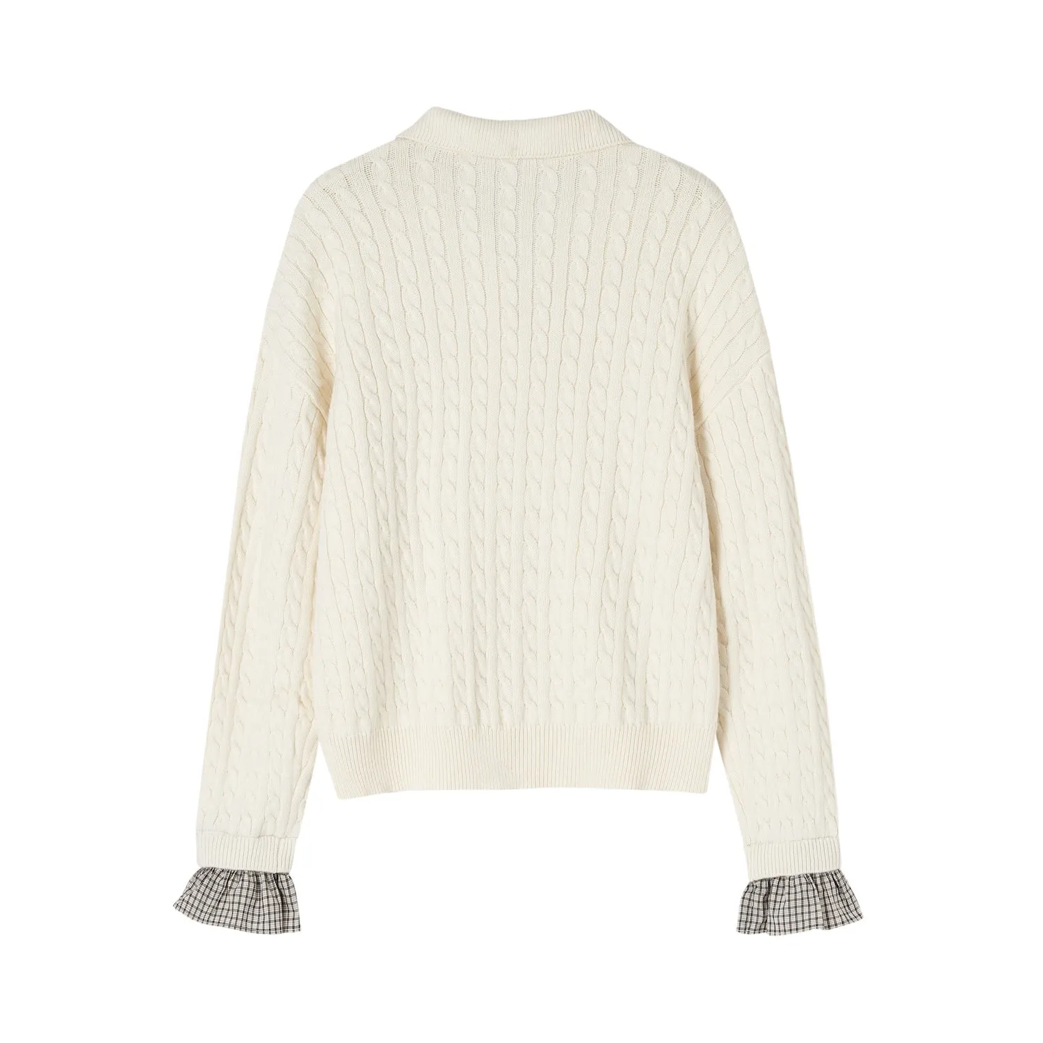 Twisted Polo Collar Checked Patchwork Sweater In White