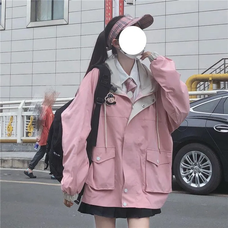 Zipper Pink Woman Jacket Color Matching Winter Clothes Loose Top Coat